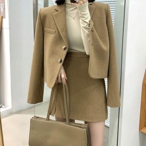 캐주얼 카라넥 심플 크롭 모직 자켓 + 심플 A라인 미니 스커트 세트 6265130